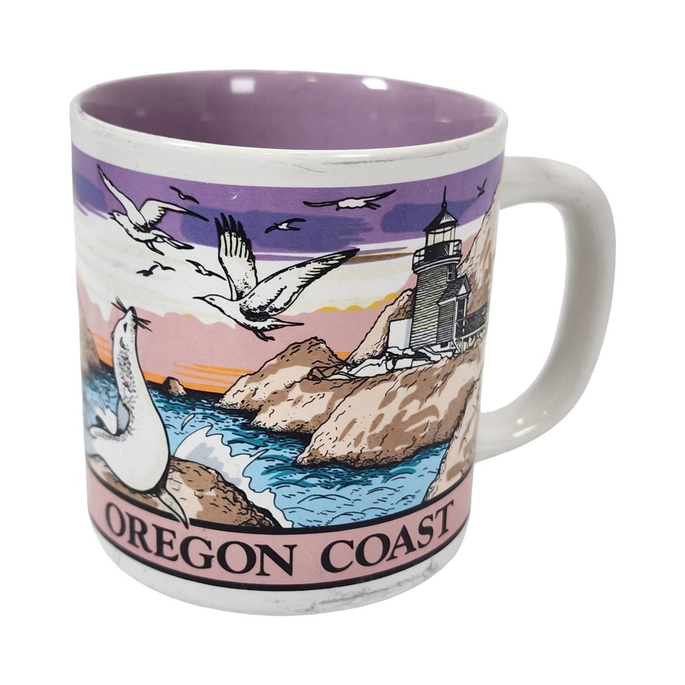 Vintage Oregon Coast Souvenir Coffee Mug Lighthouse Sea Lion Seagulls Purple